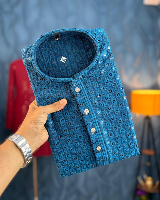 Phirozi Blue Lucknowi Kurta
