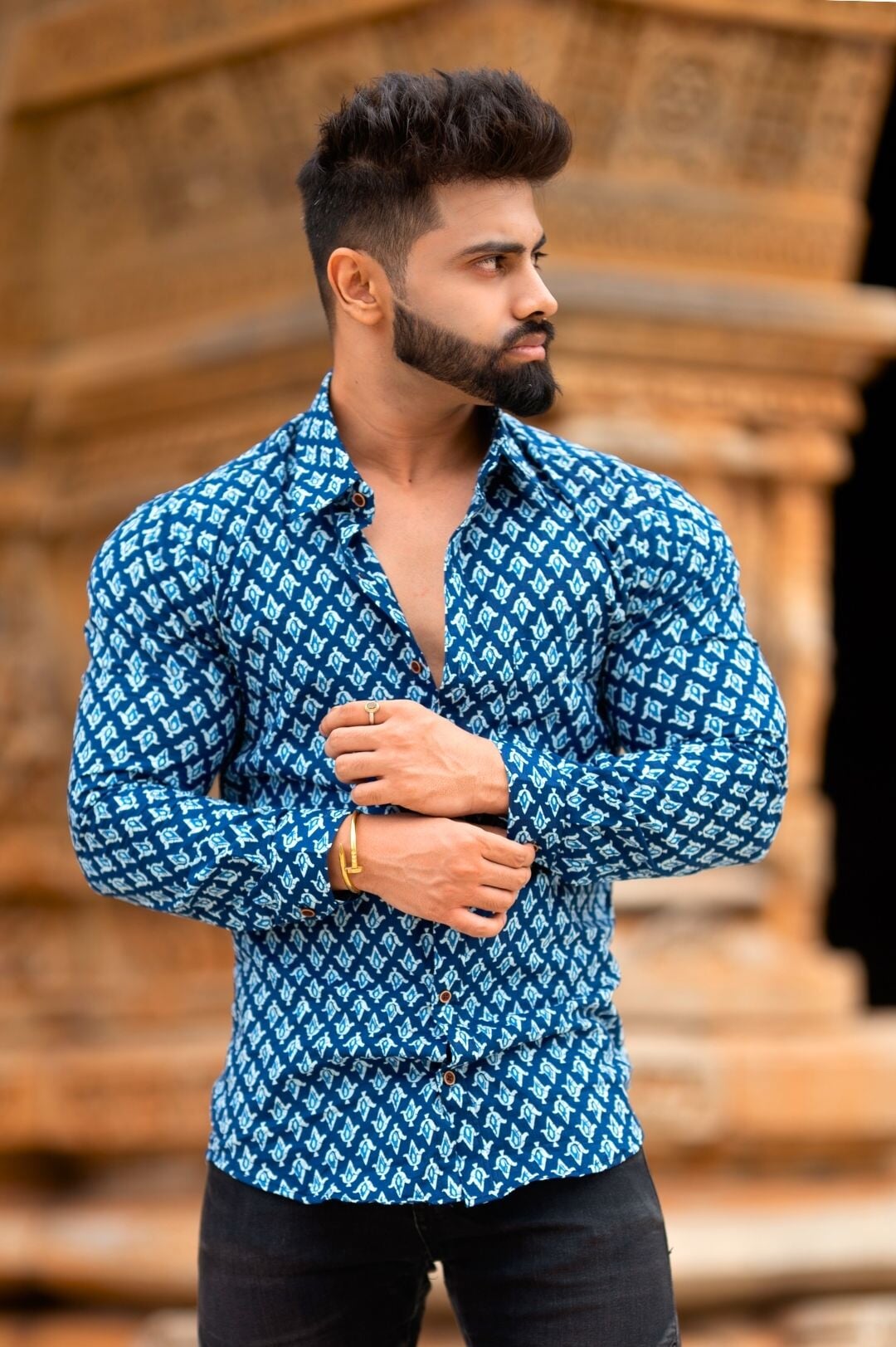 Jaipuri Blue Buti Cotton Satin Printed Shirt Full Sleeve Shirt Rawba - Formerly Rajmohar